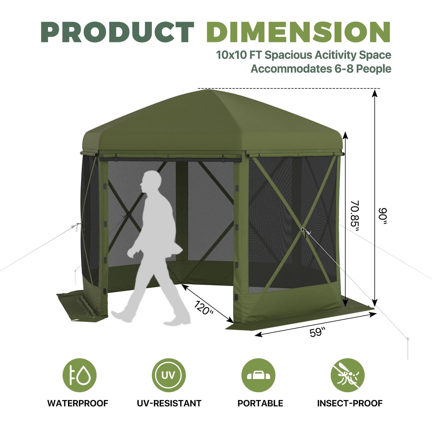 BaPiPro 10x10 FT Pop Up Gazebo with Removable Top for Stargazing, Outdoor Screen House with Sidewalls & Netting, Waterproof Canopy Tent for Patio, Backyard, Camping, Green
