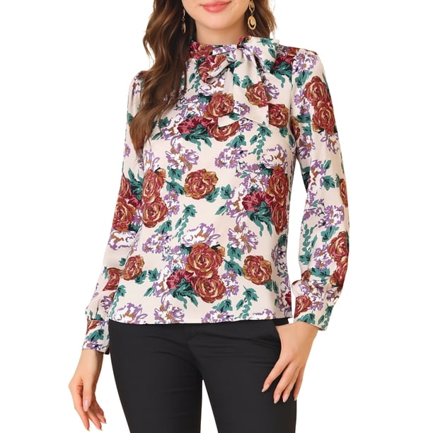 INSPIRE CHIC Blusa Casual Floral de Manga Larga con Lazo en el Cuello Beige XL