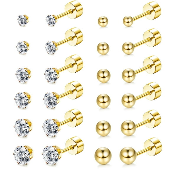 Nmkwnr 12 Pairs 316L Stainless Steel Earrings 2-7mm Cubic Zirconia Stud Earrings Round Ball Earring for Women Men, Gold