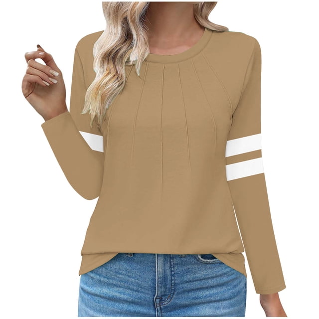 Lenpel T-Shirts pour Femmes à Rayures à Manches Longues Col Ras du Cou devant Plissé Tunique Habillée Décontractée Hauts Amples Tee Blouses (Kaki, Moyen)
