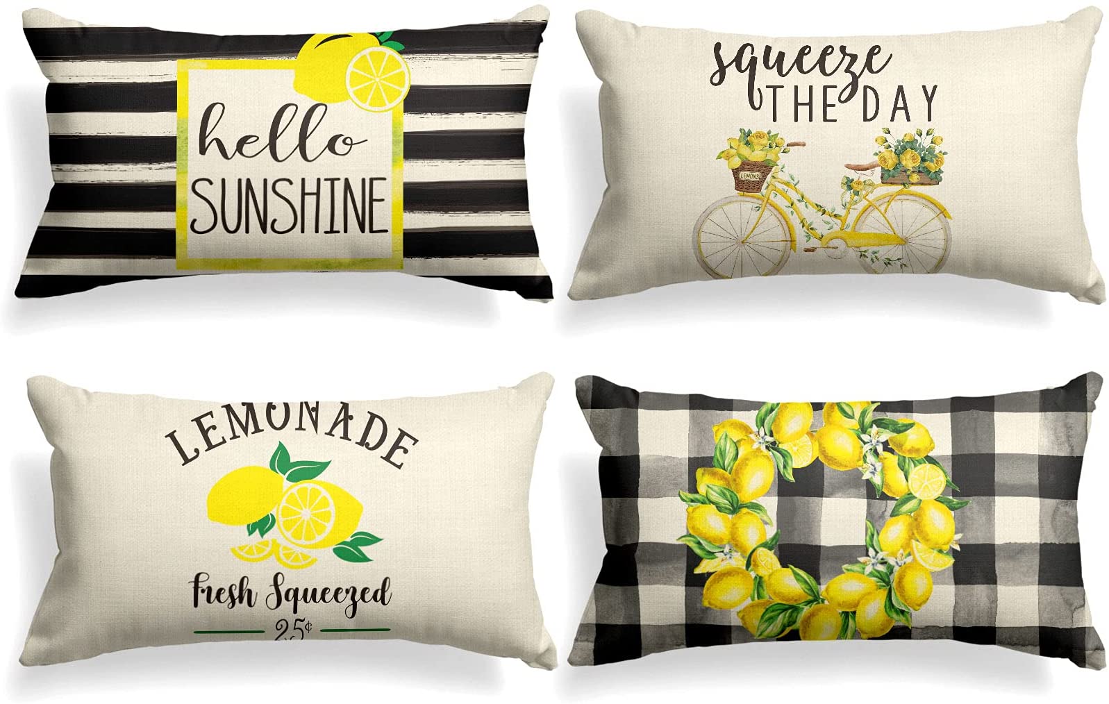 Watercolor Stripes Hello Sunshine Throw Pillow Cover 12 X Inch Buffalo Plaid Lemon Wreath Bicycle Squeeze The Day Cushion Case For Sofa Couch Set Of 4 Walmart Com