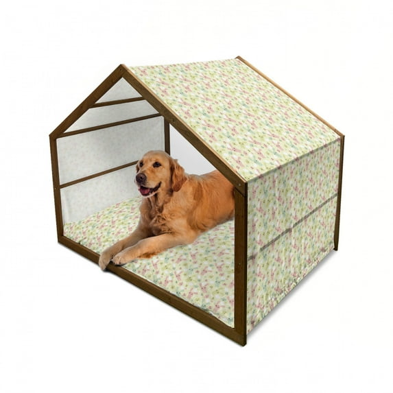 Anime Pet House, Funny Bunnies Clouds and Bones Pattern Doodle Kawaii Illustration, Outdoor & Indoor Portable Dog Kennel with Pillow and Cover, 5 Sizes, Pale Green Pale Pink, by Ambesonne