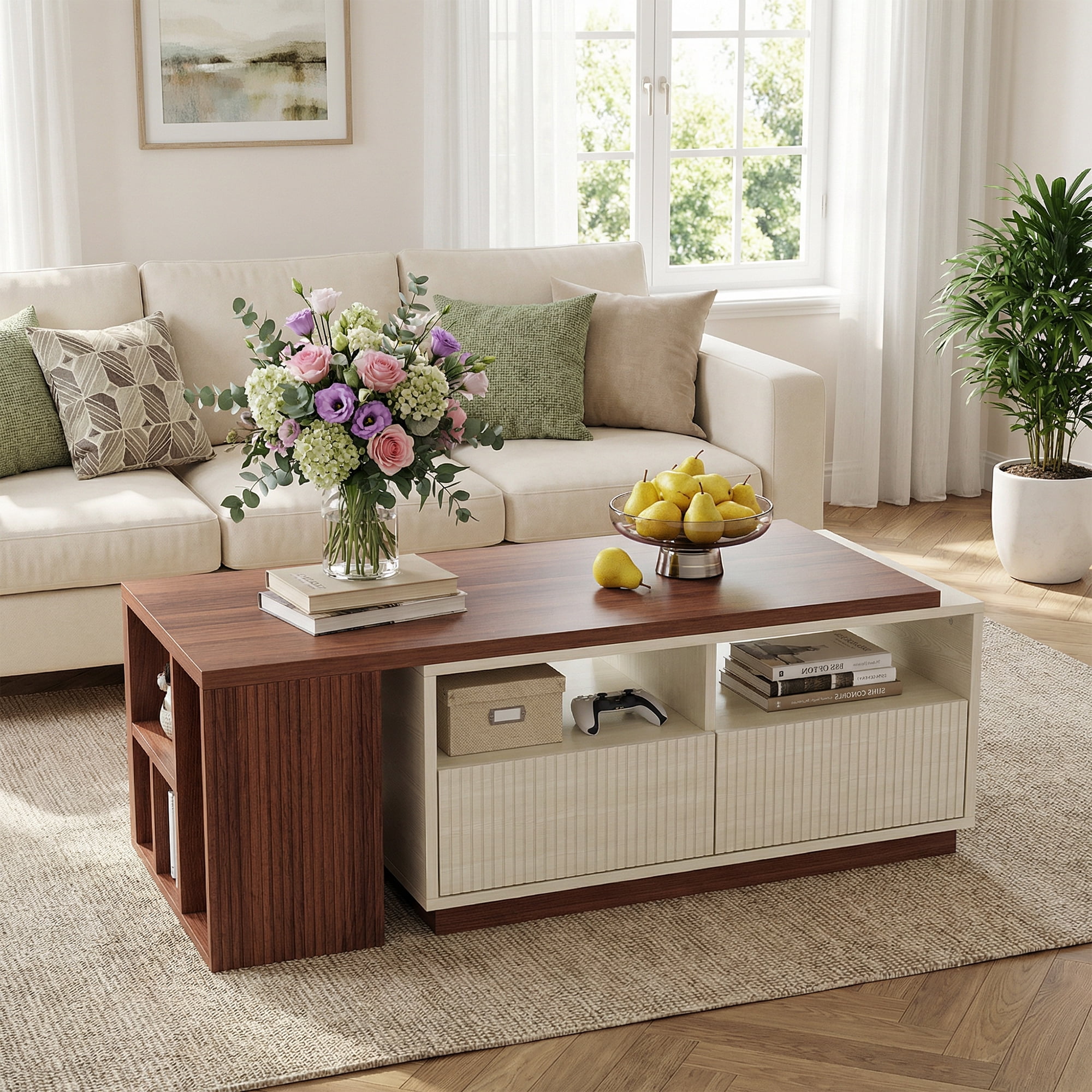MAYEETY Extendable Coffee Table Reversible Tabletop with 2 Drawers Living Room Center Table