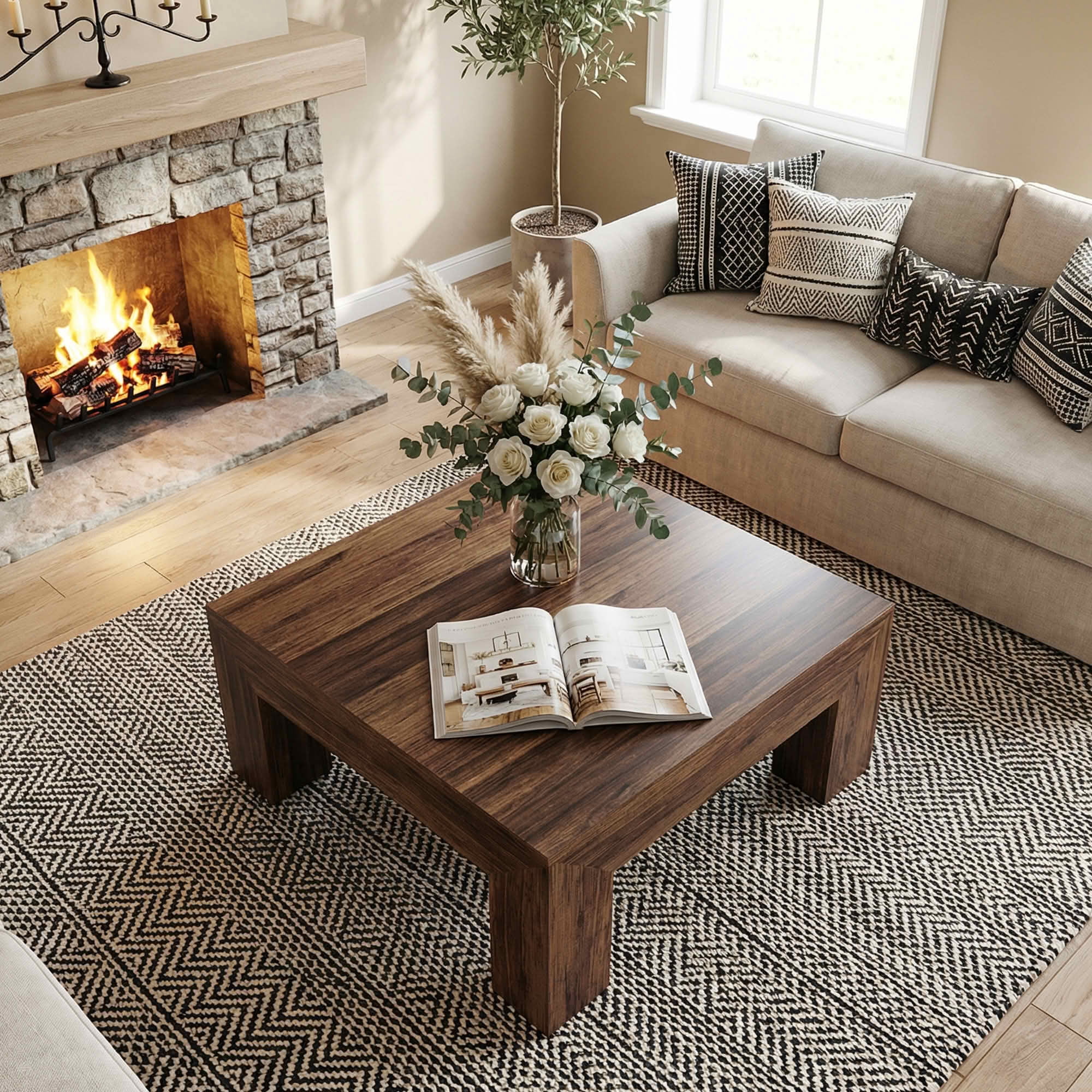 MAYEETY 39 Inch Farmhouse Square Wooden Coffee Table Living Room Center Table