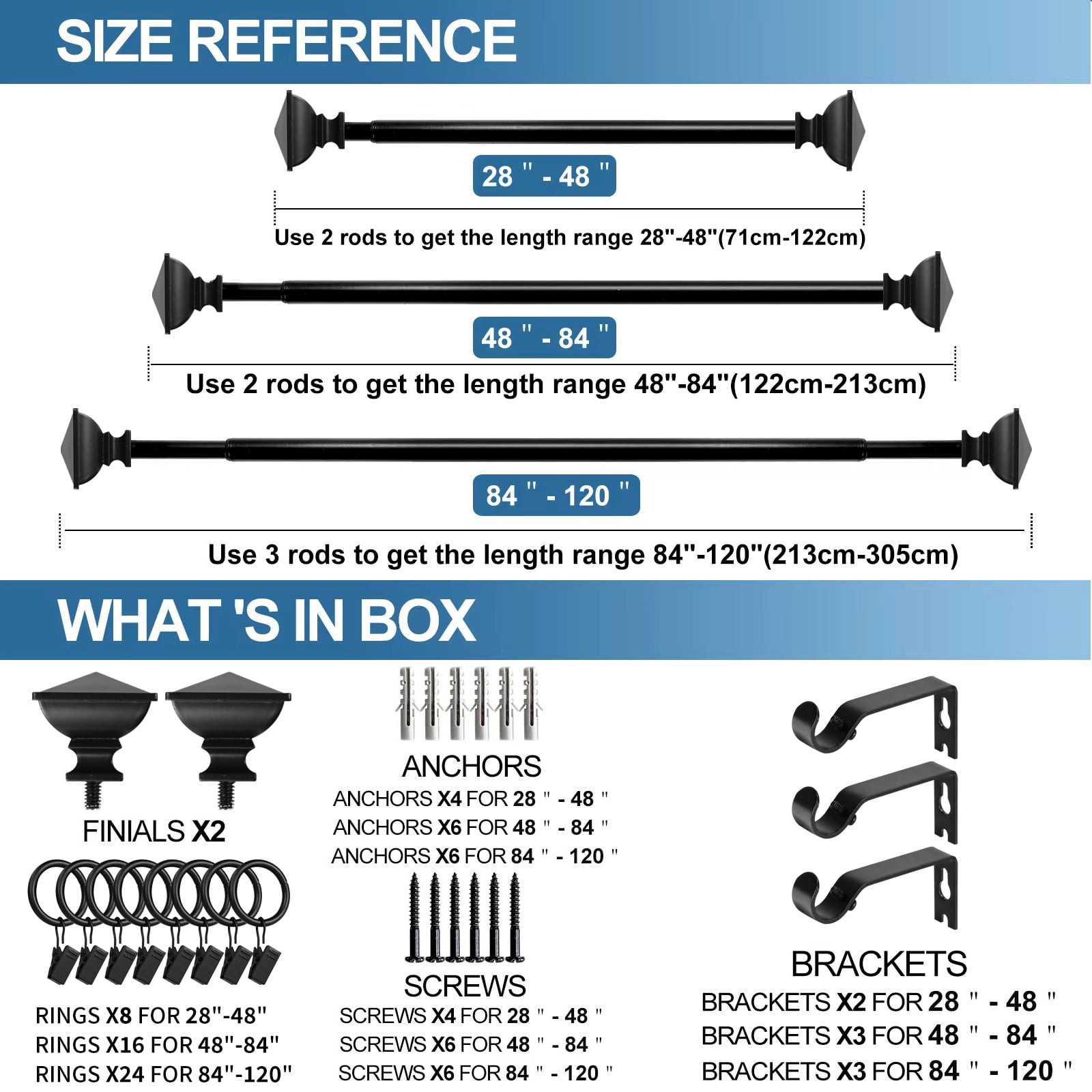 Urbanest Single Curtain Rod with 16 Clip Rings & Decorative Square Urn Finials – Classic Metal Window Drapery Rod Set, Heavy-Duty & Adjustable, 5/8" Diameter, 48" to 84", Matte Black
