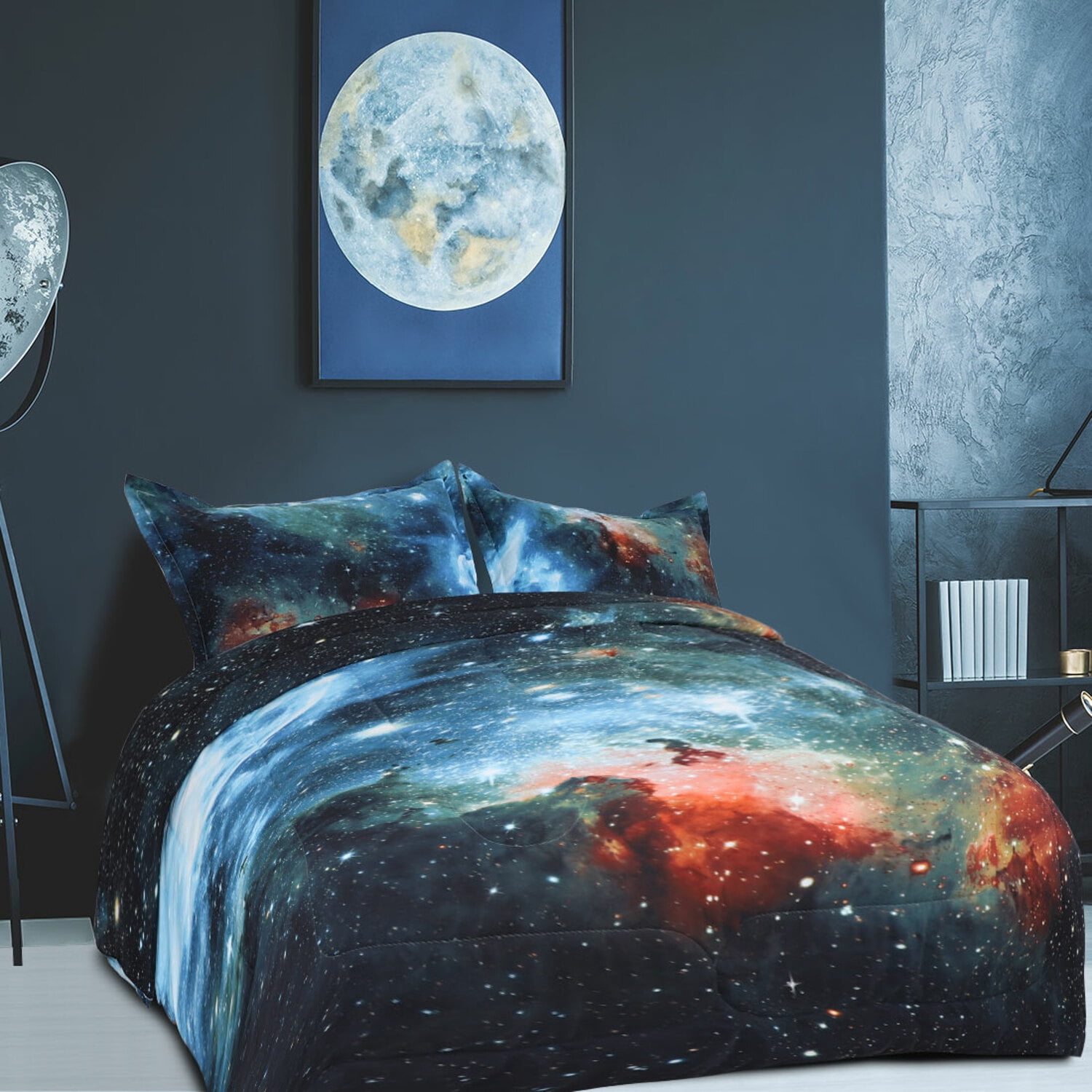 REGALWOVEN Twin 3Pcs Galaxy All-Season Comforter Set for Kid's Bedroom, Blue, Includes 1 Comforter, 2 Pillow Cases