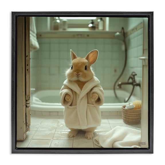 Stupell Industries Farmhouse Bunny in Bathrobe Black Floating Frame Canvas Art, 18 x 18, by RB
