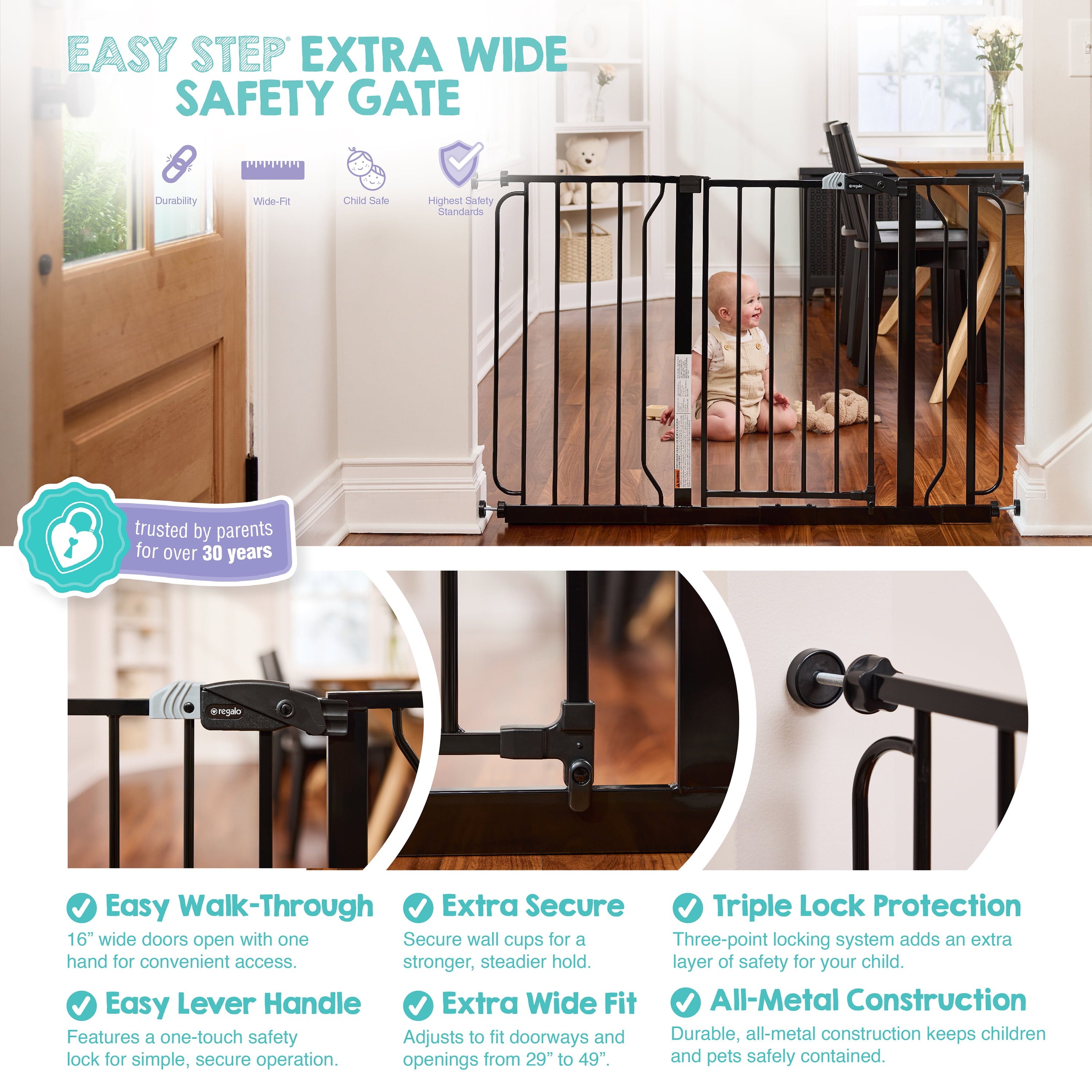 Regalo Easy Step Extra Wide 49-Inch Baby Safety Gate, Black – Adjustable Metal Gate for Babies 6–24 Months