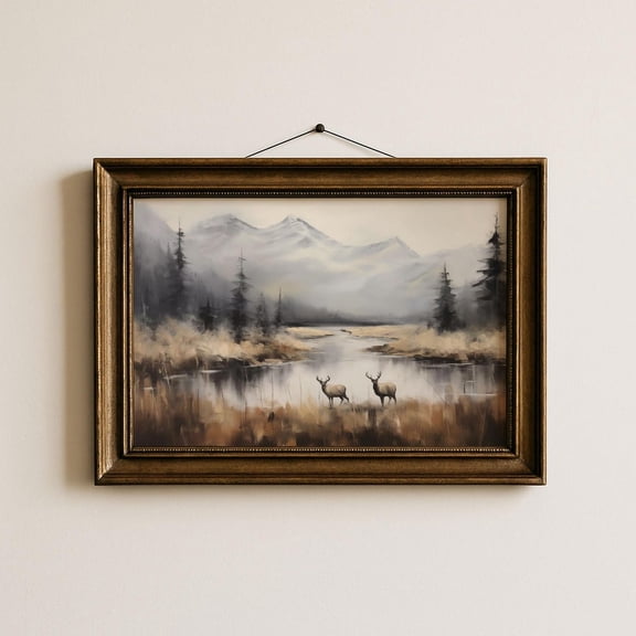 Vintage Deer Wall Art Forest Landscape Print Woodland Nursery Wall Art Cabin Wall Decor Nature Wall Art Mountain Wall Art Forest Wall Art Poster, Unframed Poster Size 8x12 F03.1.15l1247