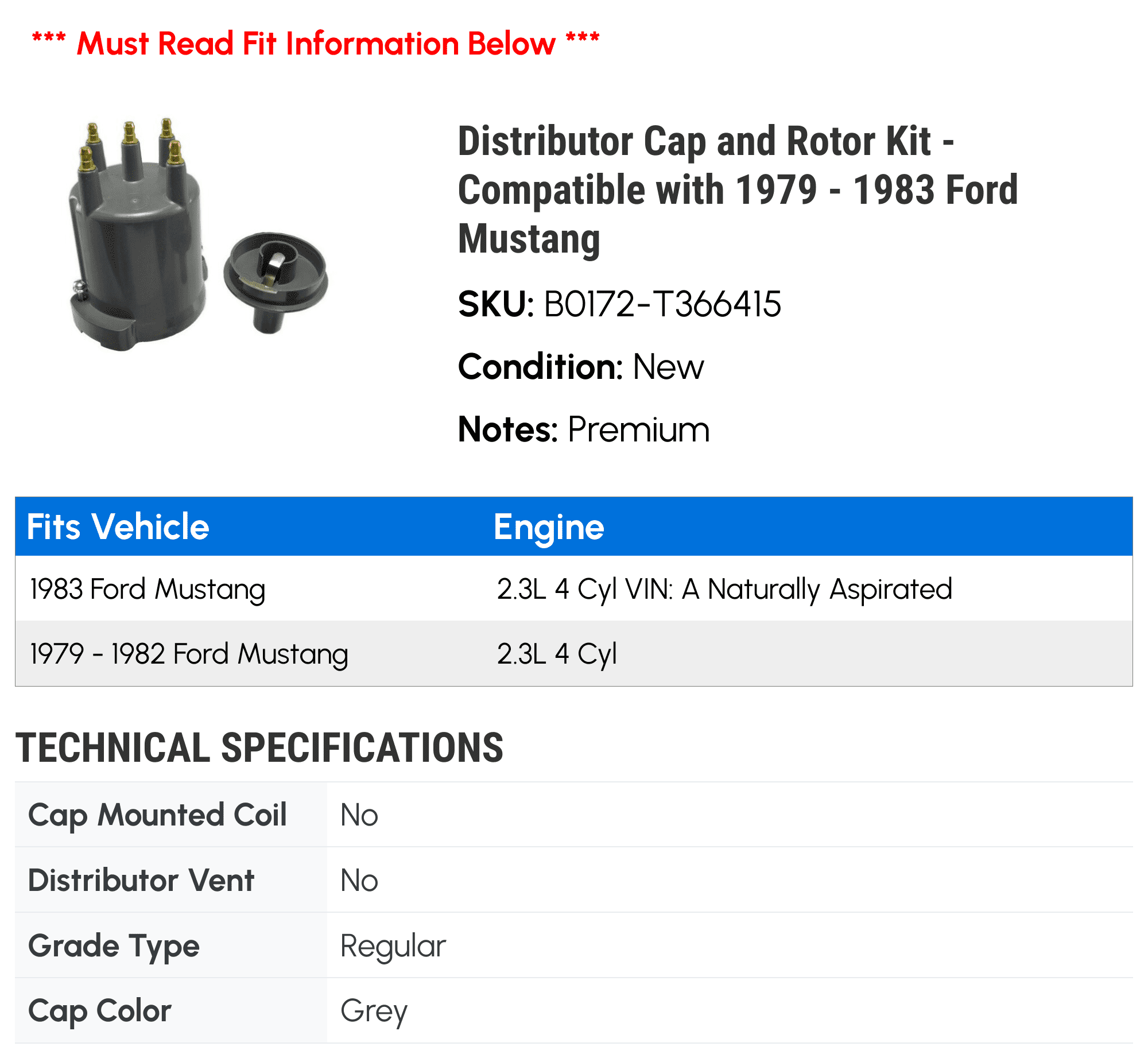Distributor Cap and Rotor Kit - Compatible with 1979 - 1983 Ford Mustang 1980 1981 1982