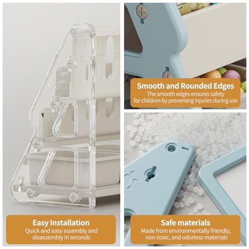 UNICOO® Toddler 3 in 1 Art Board Bookshelf and Organizer, 2-Tier Bookshelves with Storage Rack & Bins, Retractable Drawing Board, Lightweight & Compact for Nursery, Playroom(Blue & White)
