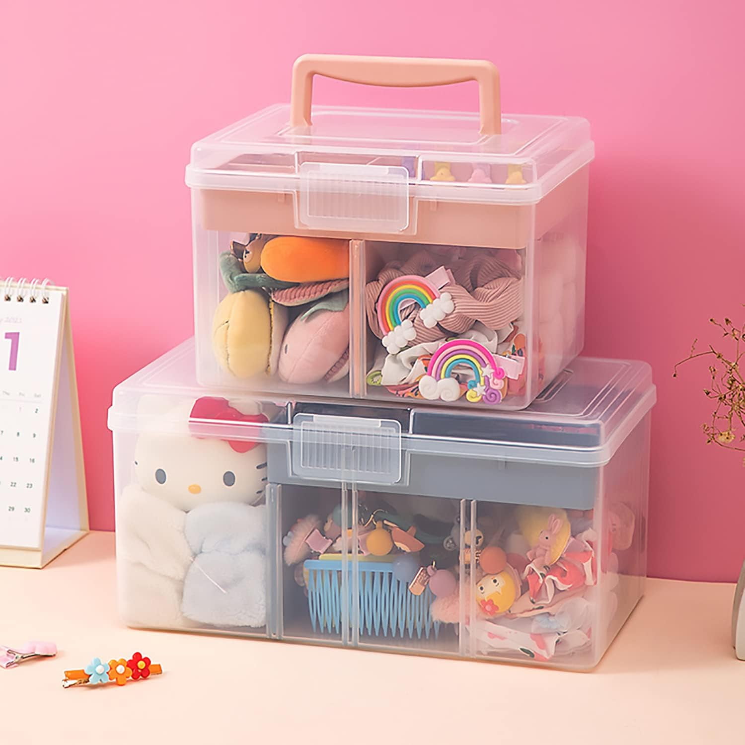 ABPETE Small Portable Plastic Storage Box for Beauty Ornaments Hair Nail Accessories, Cosmetic Case with Handle & Removable Tray & a Divider, Sewing Box Organizer, Kids Art Box (Clear & Pink)