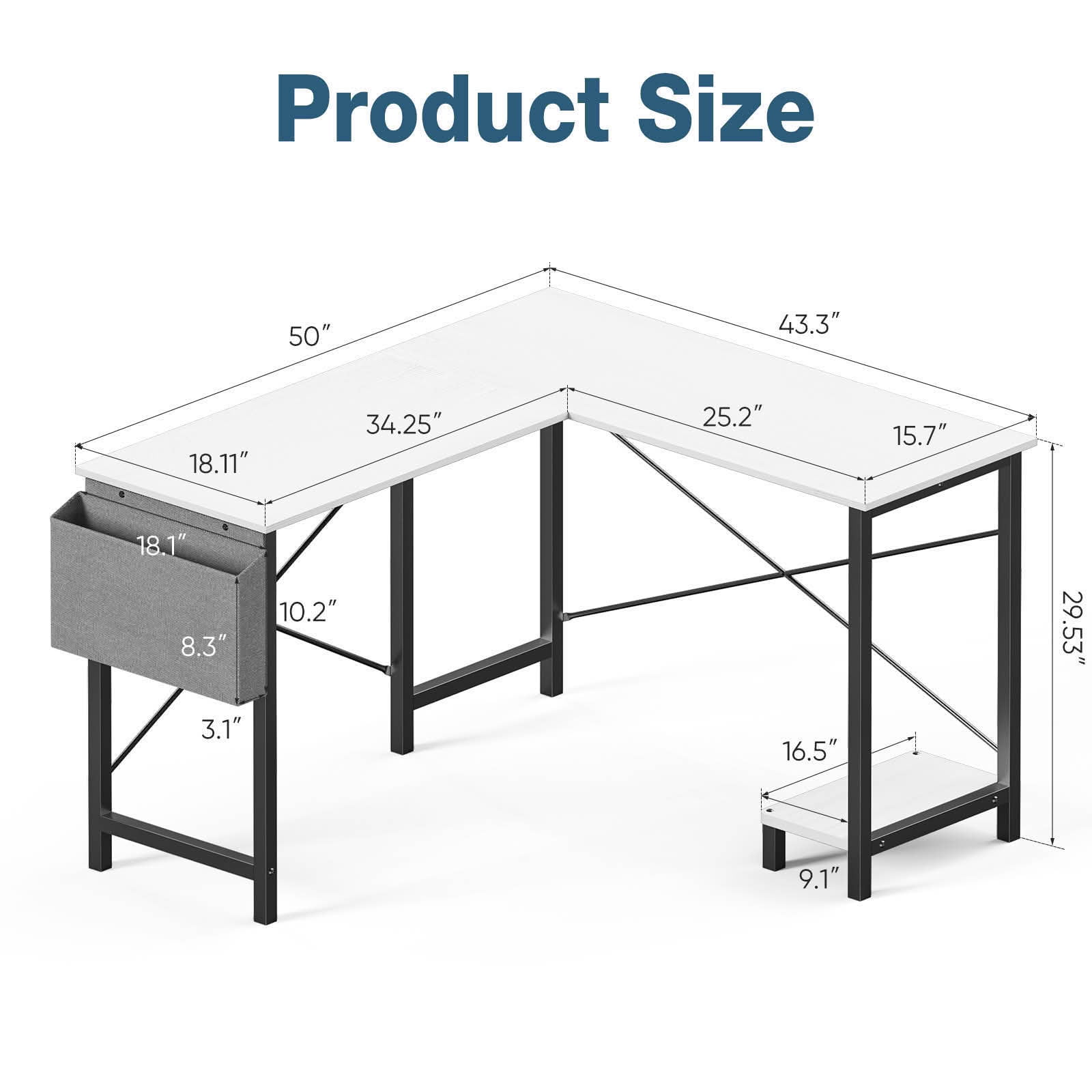 MAYEERTY 49in L-Shaped Computer Desk, CPU Stand Side Bag, Study Writing Workstation, White