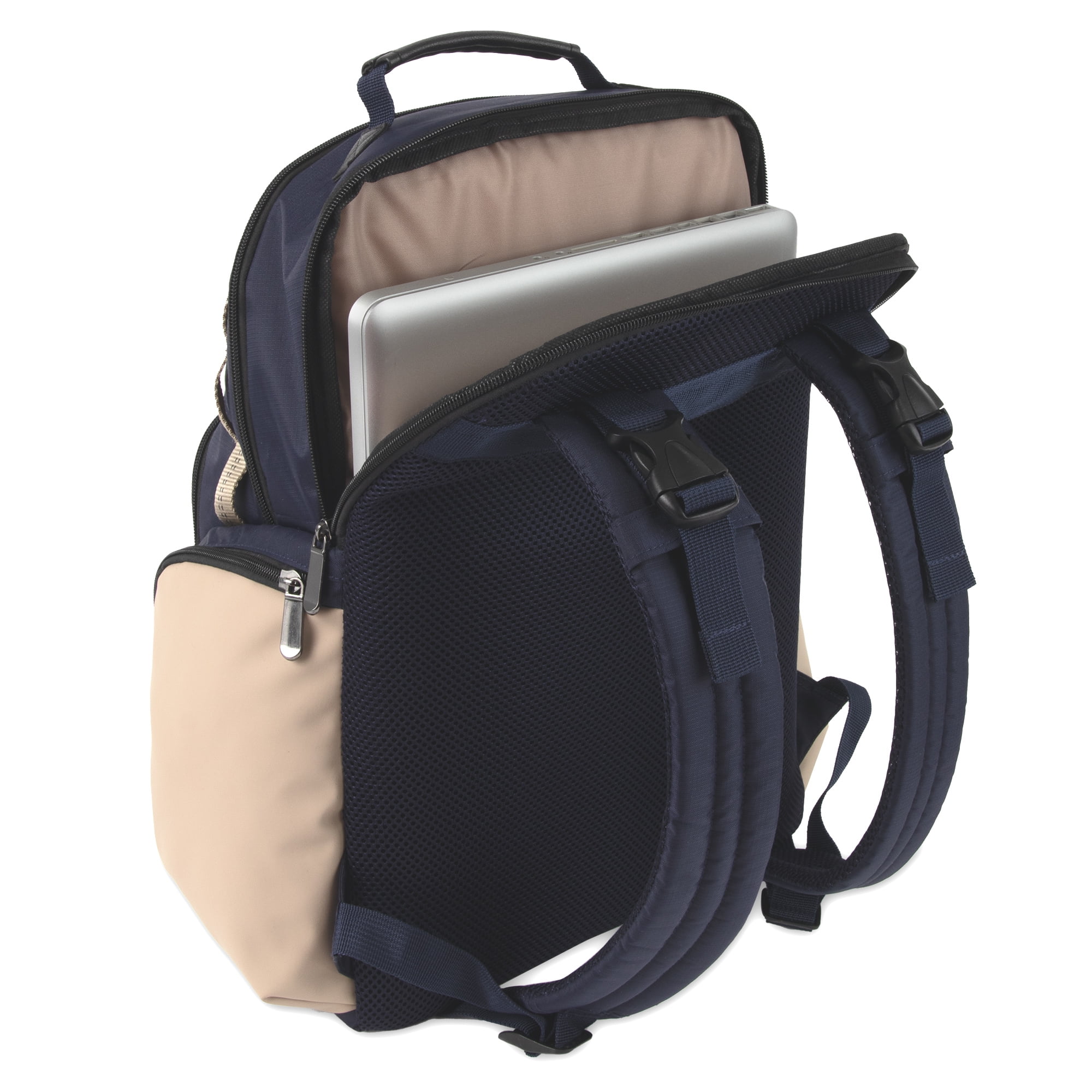 Baby Essentials Super Cooler Multi-Pocket Dual Zipper Closure Diaper Bag Backpack with Matching Changing Pad, Insulated Bottle Pockets and Stroller Straps in Navy Blue & Tan