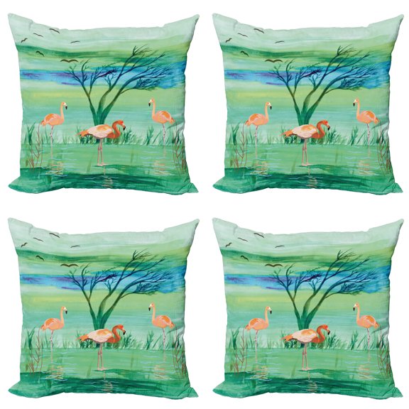 Ambesonne Flamingo Throw Pillow Cover 4 Pack, Nature and Birds, 24", Multicolor