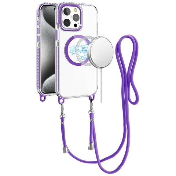 For Apple iPhone 15 Pro Max Clear Magnetic Frame PC Back Shockproof Protective Case with Detachable Lanyard Strap, Compatible with MagSafe Cover, XPM Phone Case [Purple]