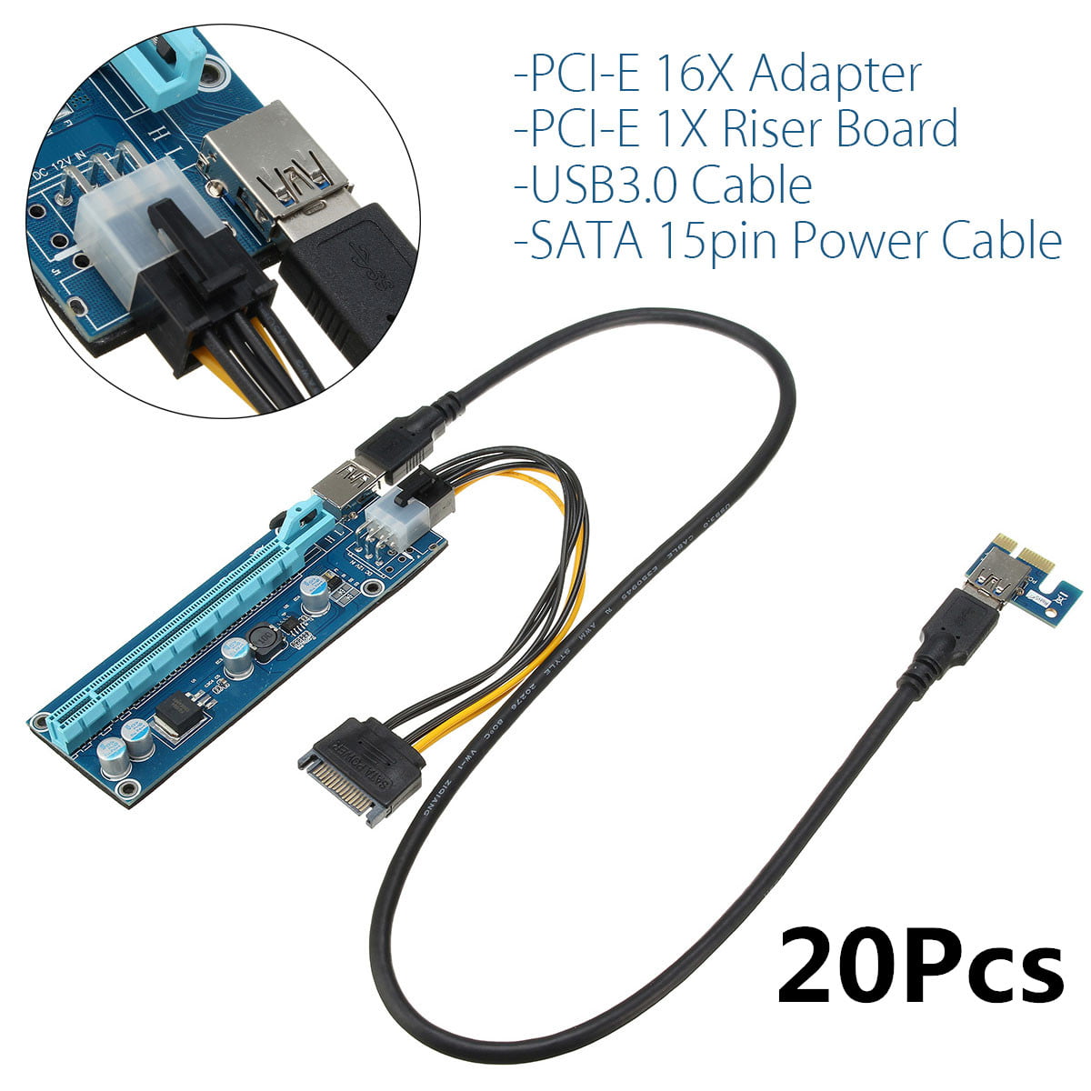 20pcs PCI-E cable 1x to 16x Mining Riser extender Card Adapter USB 3.0 Cable TO 