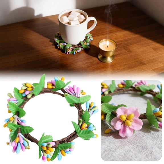 CoreLiving Easter Candle Ring Mini Spring Wreath Floral Arrangement with Artificial Berries and Eggs for Pillar Candle Holder Home Table Centerpiece Kitchen Decor
