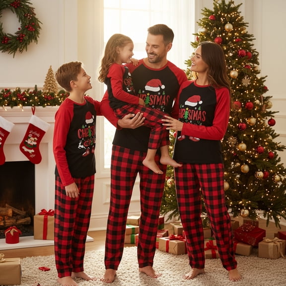 Family Matching Christmas Pajamas Letter Santa Print Tops Plaid Pants Sleepwear Set