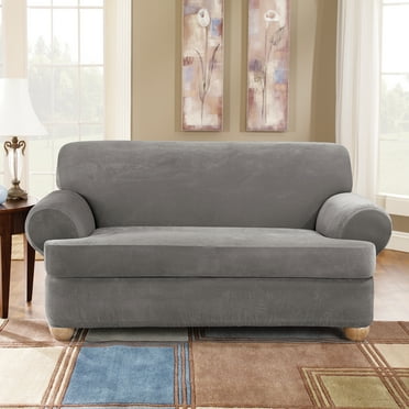 SureFit Stretch Pique Loveseat Slipcover, 2-Piece Loveseat Cover and T-Cushion Cover, Flannel Gray