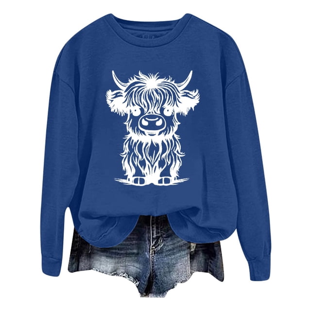 WEAIXIMIUNG Chandails en Molleton à Col Rond pour Femmes, Designs Mignons, Chandail en Molleton d'Automne et d'Hiver 2025, Col Rond, Mode Imprimé Vache, Manches Longues, Mode Décontractée, Haut de Sortie