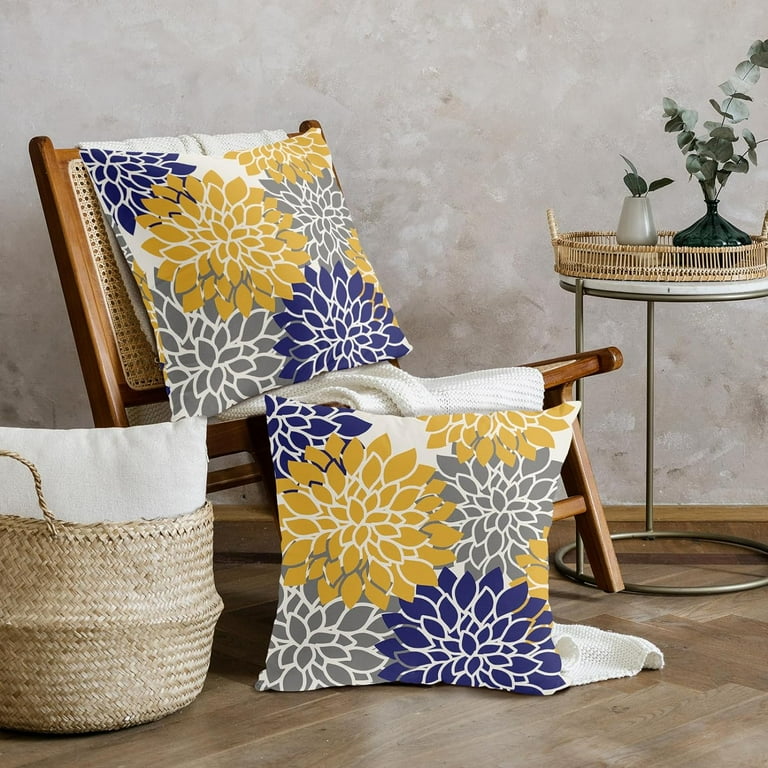 Mustard Yellow Navy Blue Grey Pillow Covers 16x16 Inch Set of