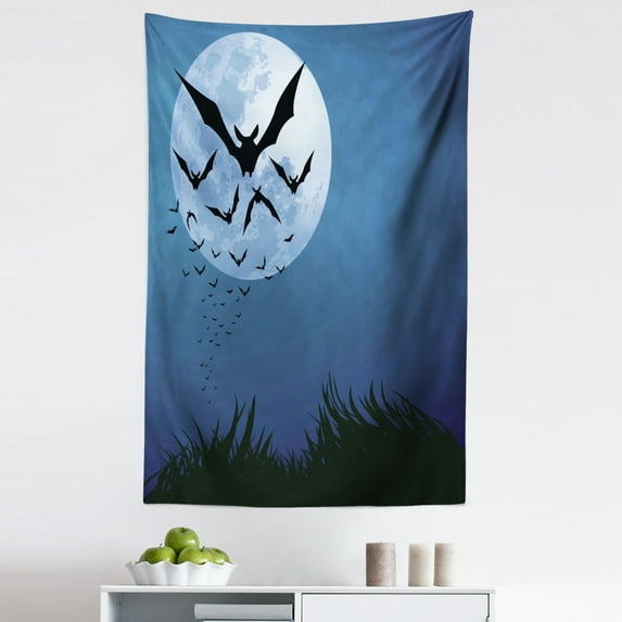 Halloween Tapestry, Cloud of Bats Flying Through the Night with Full Moon Fall Season, Fabric Wall Hanging Decor for Bedroom Living Room Dorm, 5 Sizes, Night Blue Black Grey, by Ambesonne