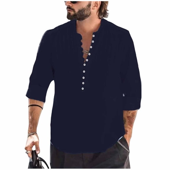 qucoqpe Men's Summer Linen Pullover Tops Trendy V Neck Pleated Front Loose Fit Long Sleeve Tee Shirts