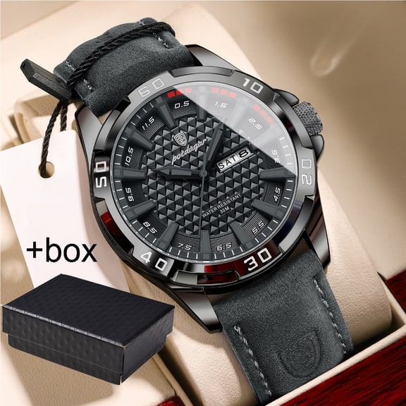 POEDAGAR Mens Sport Leather Quartz Watch Luminous Hands Date Week Display Waterproof Casual Daily Wristwatch For Men
