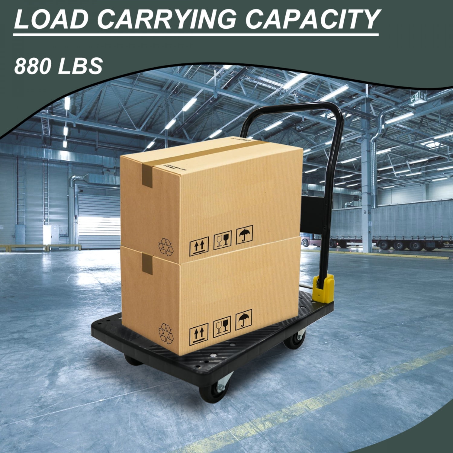 Foldable Platform Push Hand Truck Cart 880 Lbs Weight Capacity 2 Swivel Brake Wheels Black Metal Construction
