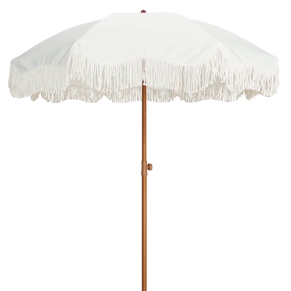 AMMSUN 6.5ft Patio Umbrella UPF50  with Boho Fringe Tassel Tilt Pole for Outdoor Picnic,Cream White