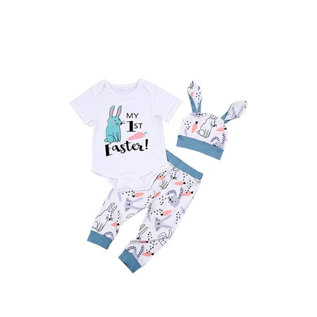 

jaweiw Three Piece Baby Easter Clothes Set Cute Rabbit Letter Long Sleeve Romper and Stripe/Print Long Pants with Hat