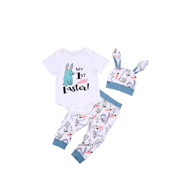 FOCUSNORM Baby?s Cute Rabbit Letter Romper and Stripe/Print Trousers with Hat