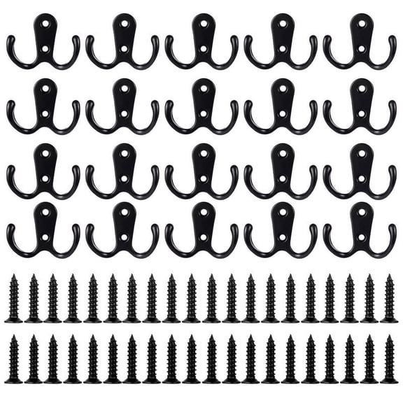 GASTROPOD 20 Pack Heavy Duty Double Prong Coat Hooks with 40 Screws, Wall Mounted Utility Hooks, Retro Metal Coat Hooks for Hanging Coat, Bag, Scarf, Towel, Hat, Key, Cup(Black)