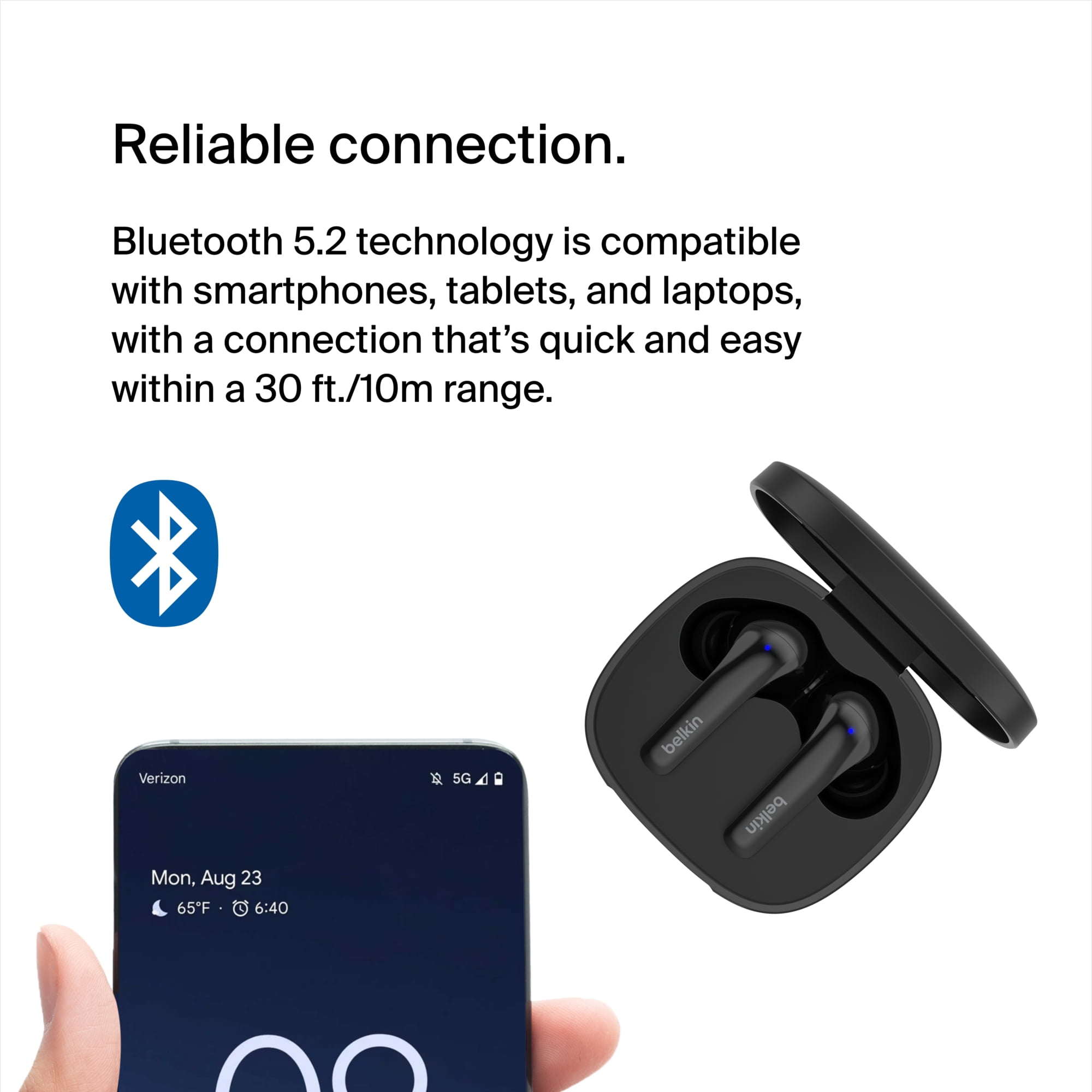Belkin SoundForm Motion True Wireless Earbuds - Mono, Stereo - True Wireless - Bluetooth - 32.8 ft - Earbud - Binaural - In-ear - Noise Canceling - Black