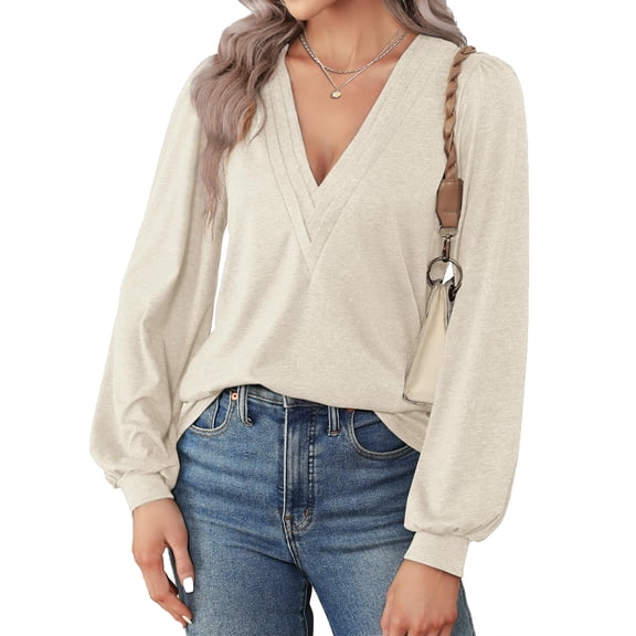 Fantaslook Deep V Neck Womens Tops Fall Long Puff Sleeve Shirts Dressy Casual Tunic Blouses