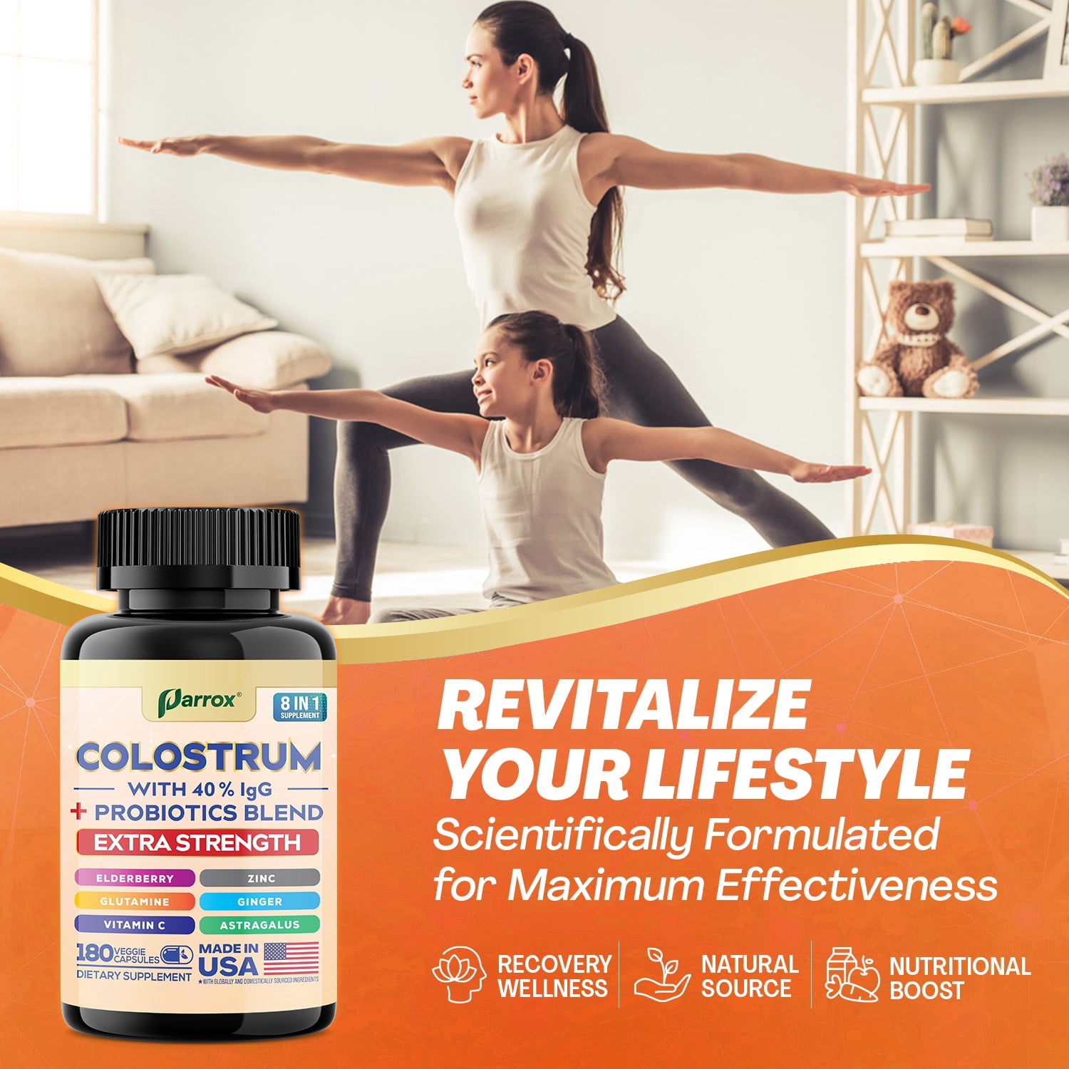Parrox Colostrum Supplement Capsule, Grass Fed Cow Colostrum with 40% IgG, Probiotics Blend, Elderberry, Astragalus, Zinc, Ginger, Vitamin C, L-Glutamine, 8 in 1 Extra Strength Bovine Boost(180 Caps)
