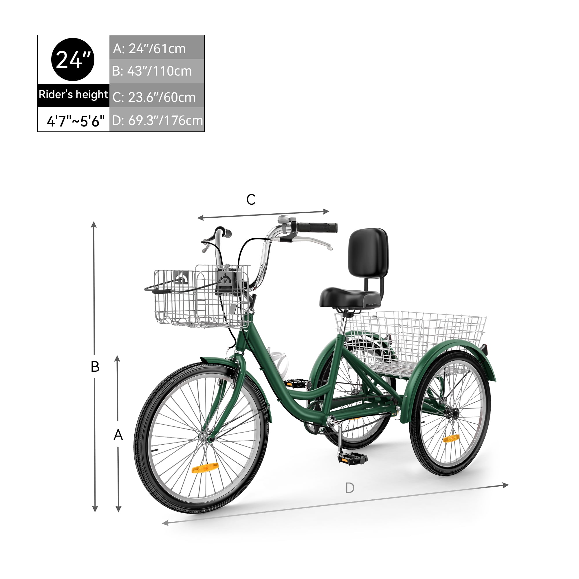 Uforic 24 inch 1 Speed 3 Wheel Adult Bikes with Removable Baskets for Shopping Picnic, Green