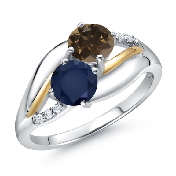 Gem Stone King 925 Silver and 10K Yellow Gold Blue Sapphire Brown Smoky Quartz and Lab Grown Diamond 2 Stone Engagement Ring for Women (1.14 Cttw, Round, September Birthstone, Size 7)