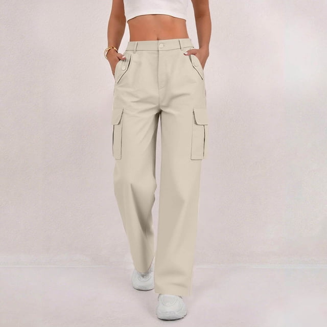 Timegard Cargo Pants Women Elastic Waist Button Straight Leg Loose Active Outdoor Side Split Trousers Fall