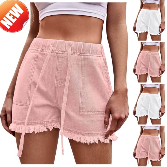 Taqqpue Women's Summer Denim Shorts Drawstring Elastic Waist Straight Leg Jeans Casual Solid Color Shorts with Pockets