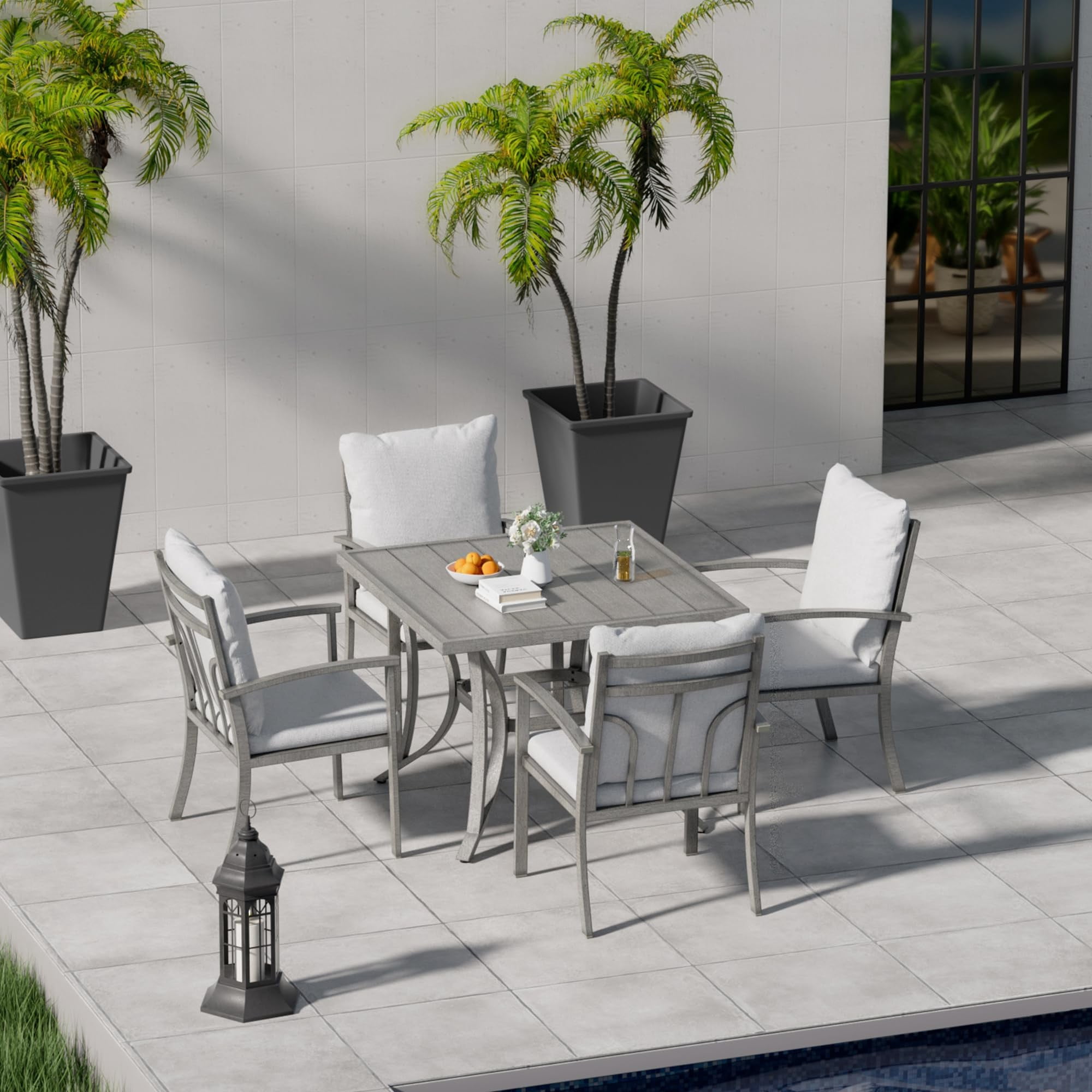 Square Outdoor Dining Table Aluminum Slat Patio Table for 4 with Umbrella Hole All Weather for Backyard Garden Deck Poolside, Gray