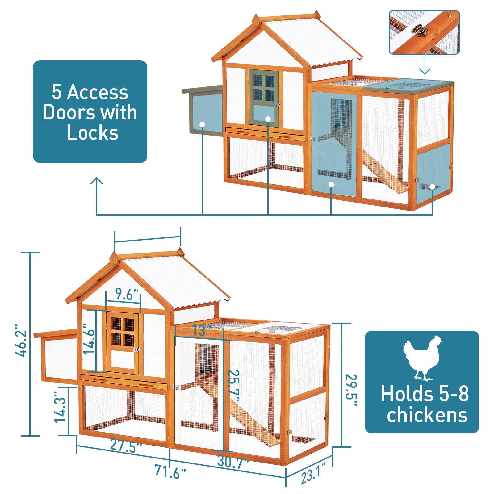 72" Chicken Coop with Run, 2 Tier Large Rabbit Hutch Outdoor Wooden Hen House with Nesting Box Rabbit Cage Ramp Pet House Chicken House with UV-Resistant Roof Panel, Stairs and Tray