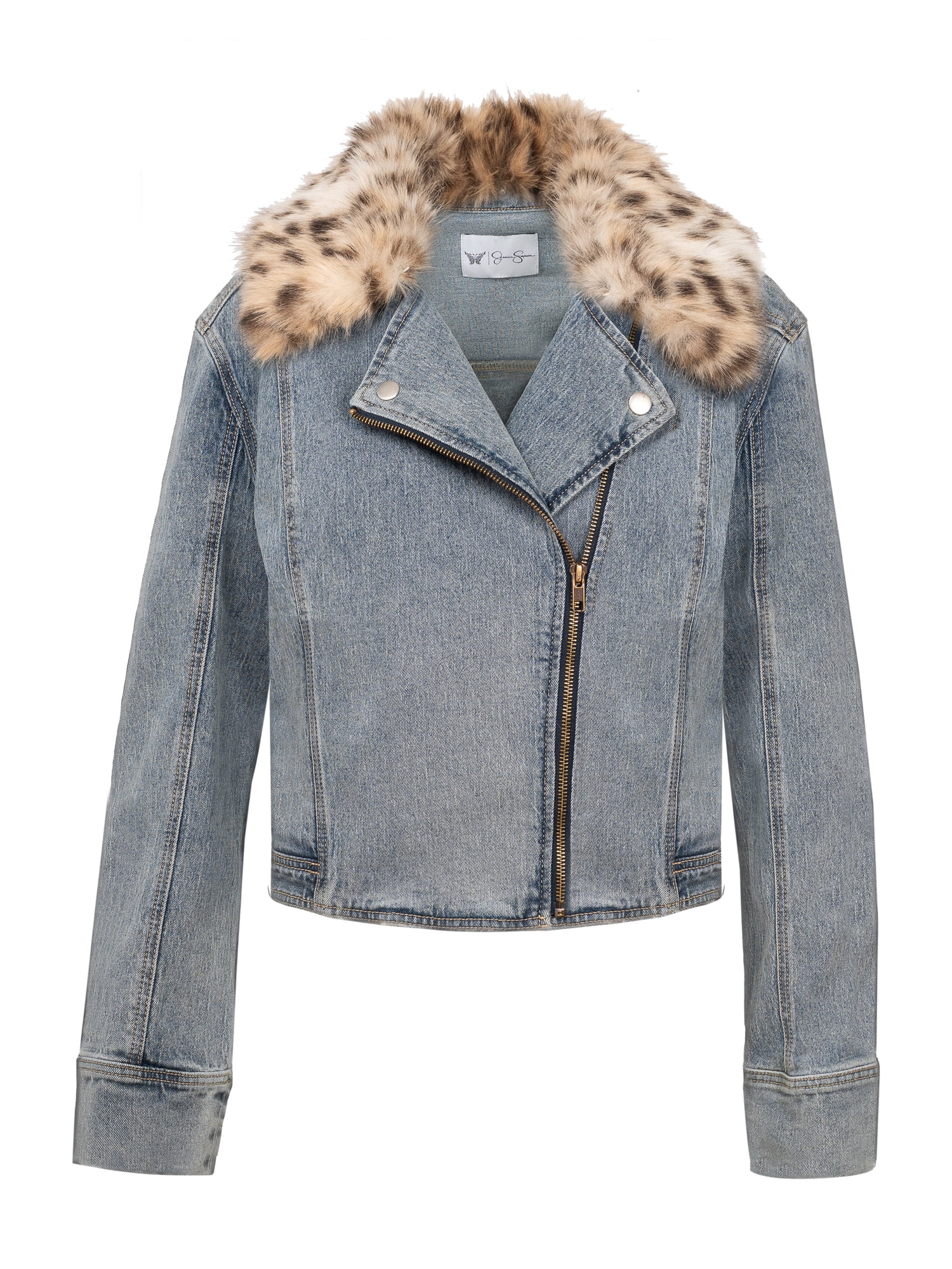 Jessica Simpson Women's Denim Moto Jacket with Faux Fur Collar, Sizes XS-XXL