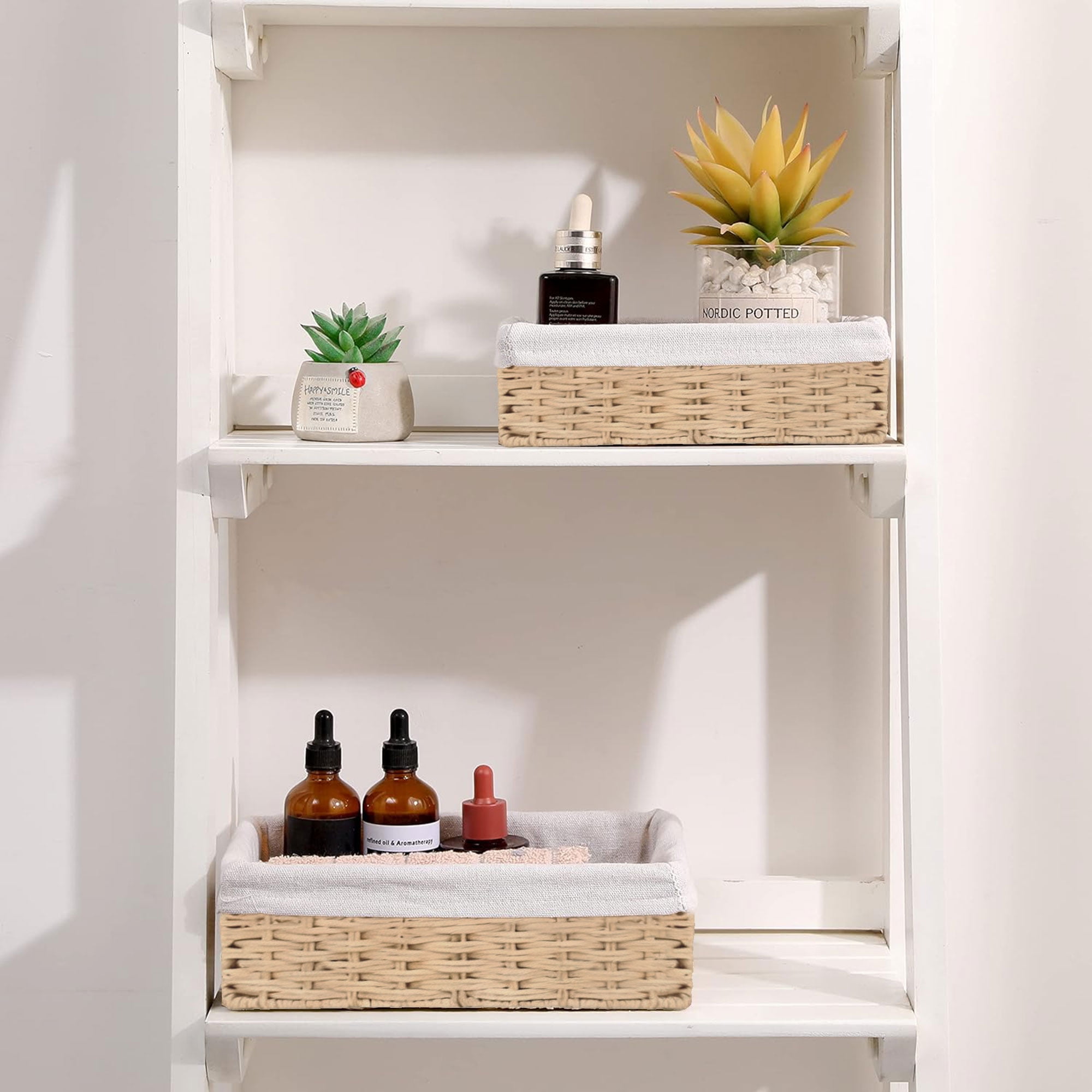 Tripumer 3Pcs Rectangular Wicker Storage Baskets with White Lining, Multi-Purpose Organizers for Home Bathroom Kitchen