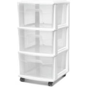 Clear Plastic 3 Drawer Medium Home Organization Storage Container Tower with 3 Large Drawers and Removeable Caster Wheels, White Frame