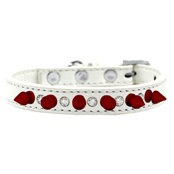 Mirage Pet Crystal and Red Spikes Dog Collar White Size 14