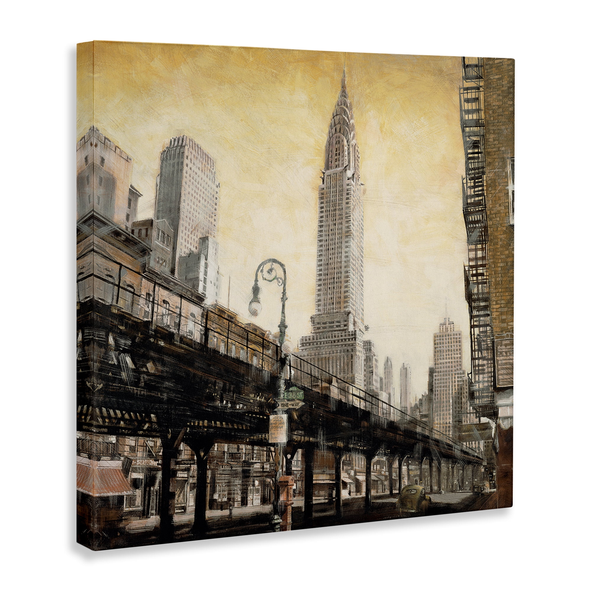 Stupell Industries Looming City Towers Scenic & Cityscapes Painting Wrapped Canvas Art Print Wall Art, 17 x 17
