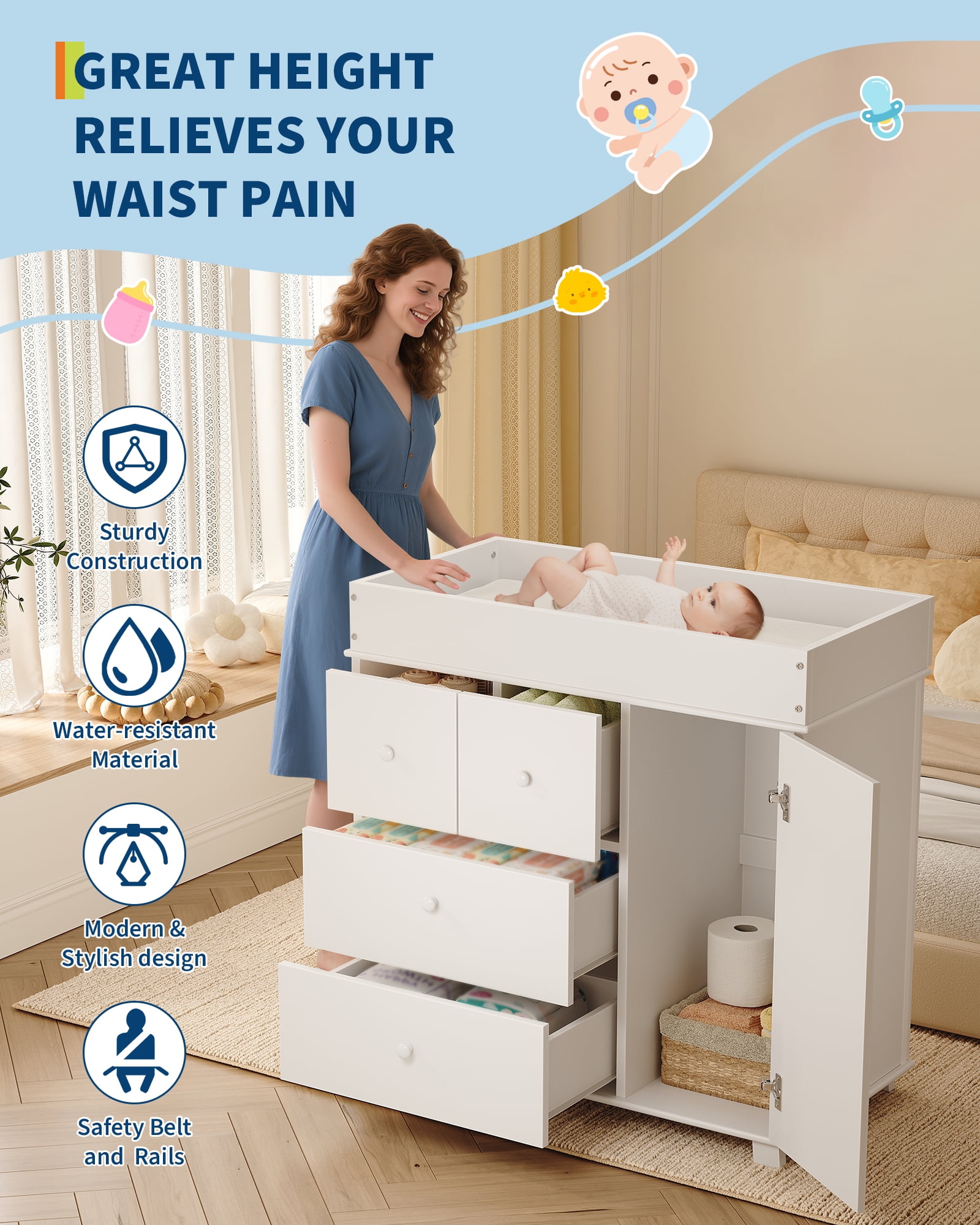 Roromall Baby Dresser with Changing Table Top, 4 Drawers Nursery Dresser with Door, Infant Diaper Changing Station Baby Cloth Organizer for Nursery and Bedroom