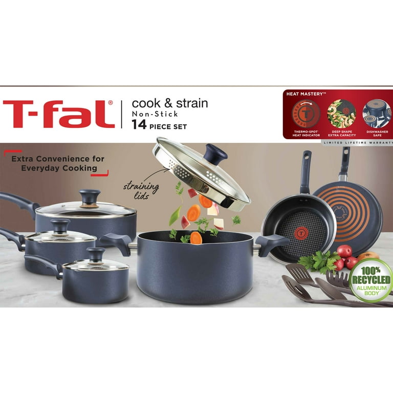 T-fal Cook & Strain Non-Stick 14-Piece Cookware Set, Recycled